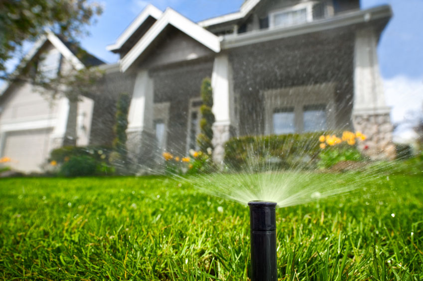 modern black sprinkler head has popped out of the ground to spray water outside a suburban home with green, lush lawn