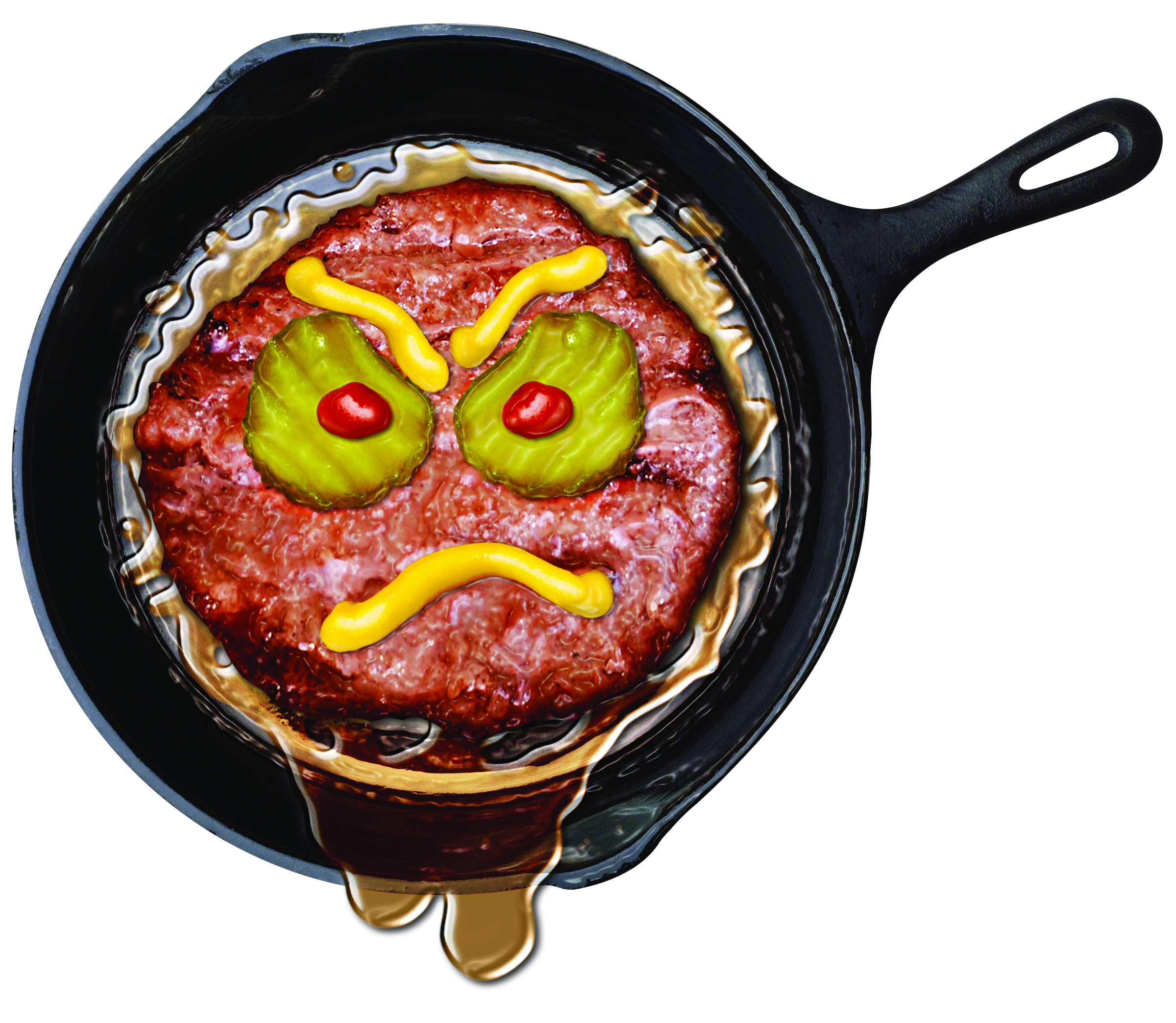 cartoon face of grease dripping out of a frying pan made with oil, mustard, pickle slices, ketchup drips and a hamburger patty