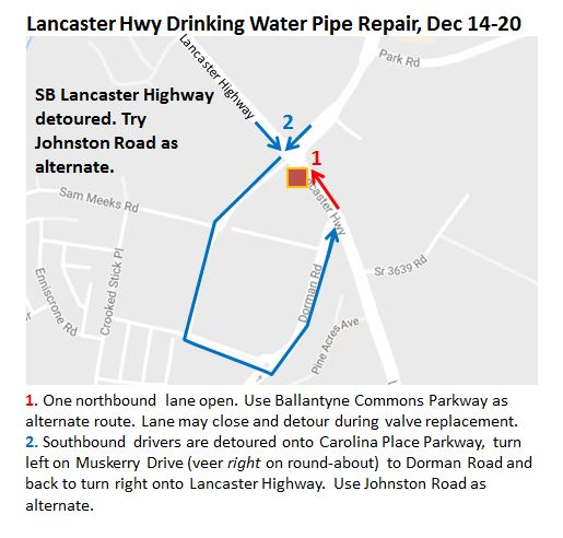 Report with Charlotte Water logo at top, followed by title in black font, Lancaster Hwy Drinking Water Pipe Repair, Dec 14-20. Below that is a grey map showing the intersection of the repair'ls location notated with a yellow box. Blue and red lines indicate detour routes. Below the map are 2 footnotes with detour details, 1 corresponds with the red line and 2, the blue.
