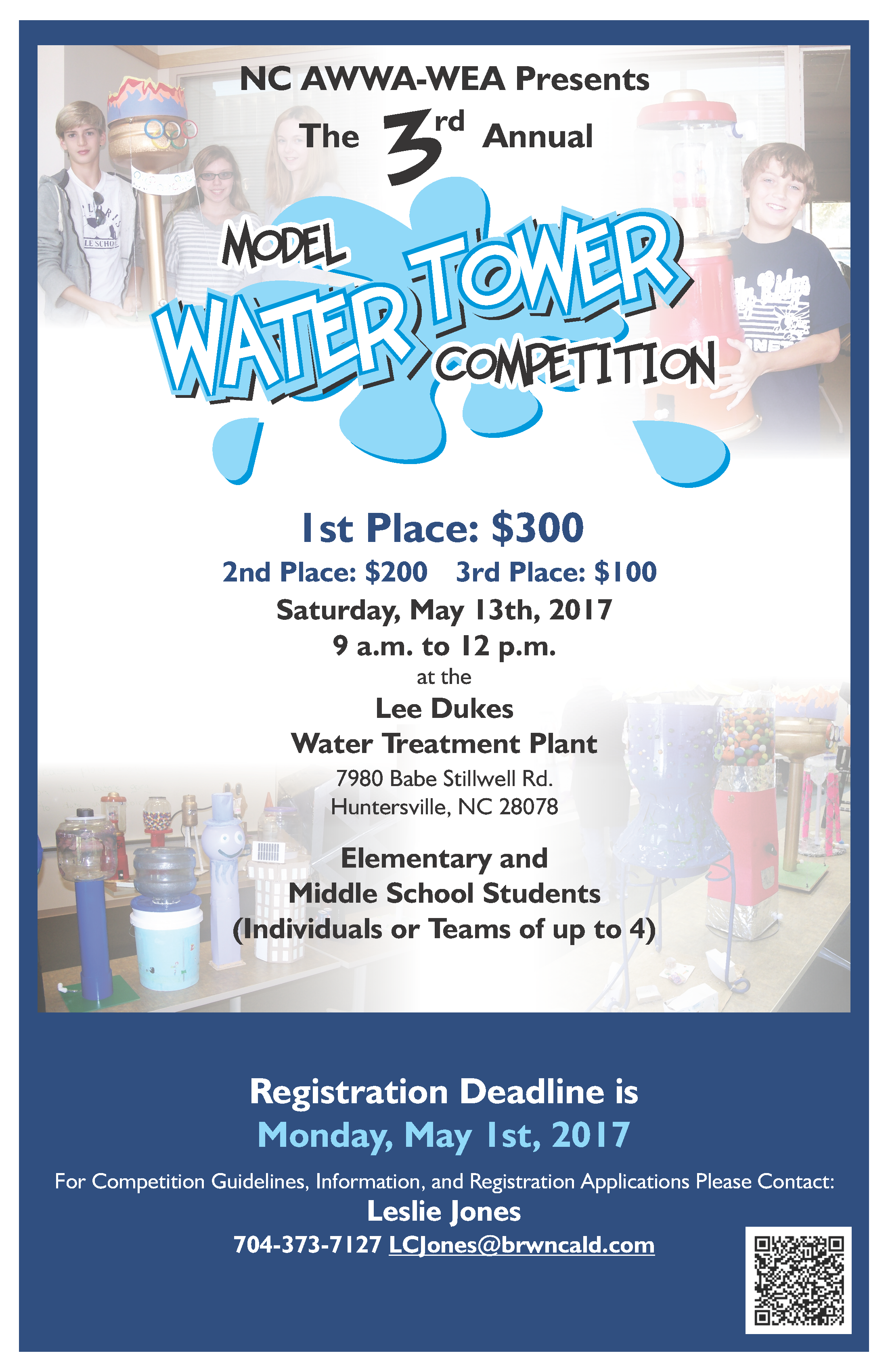poster with playful font, The 3rd Annual Model Water Tower Competition.. Images from past events appear in 4 corners of poster along with a navy blue section at bottom. From this 2017 event, sponsors are listed, prize tiers are listed, entry deadline, info about this event being open to elementary and middle school kids