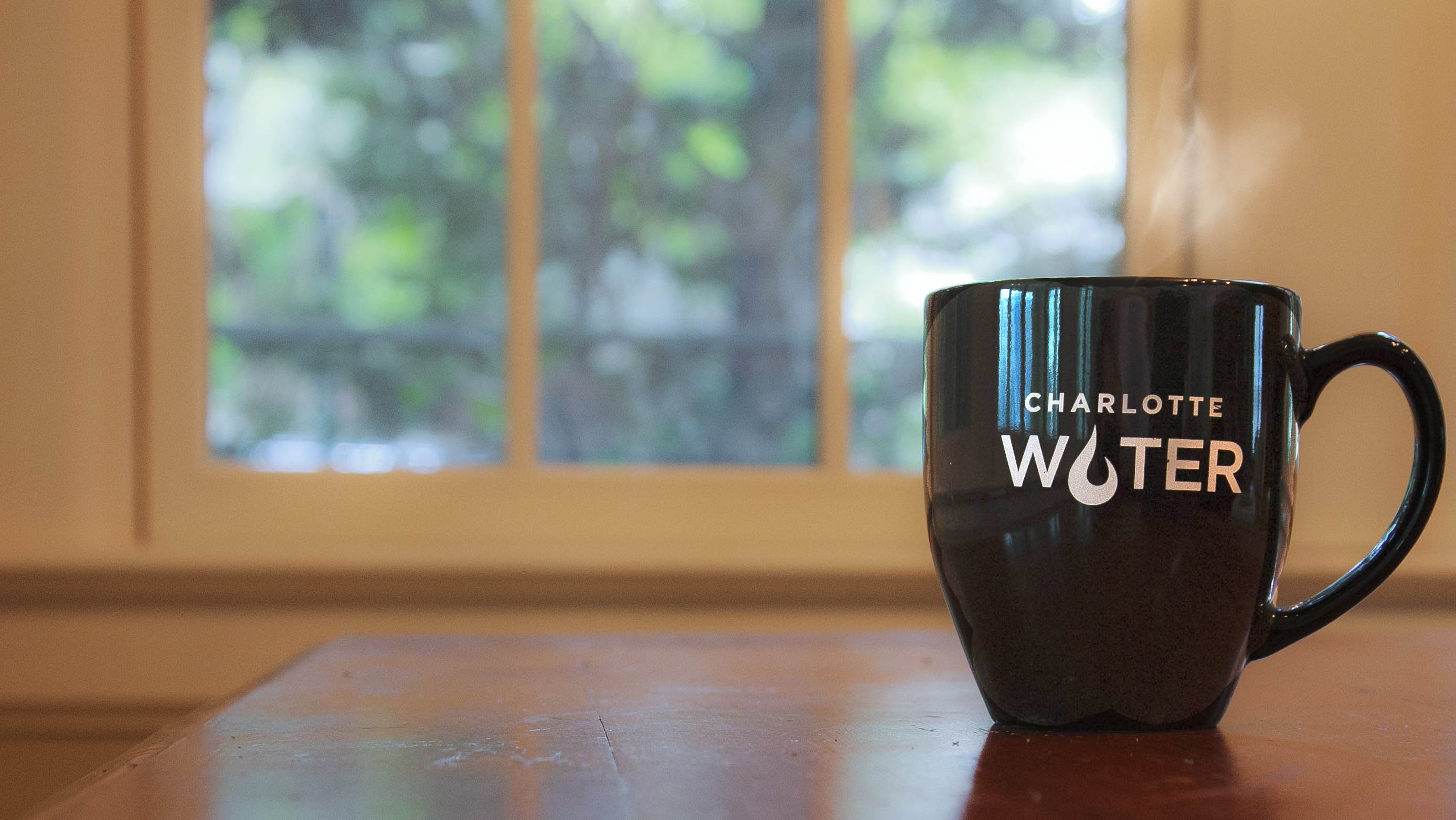 black coffee mug sitting on wood table by window with white lettering of Charlotte Water logo