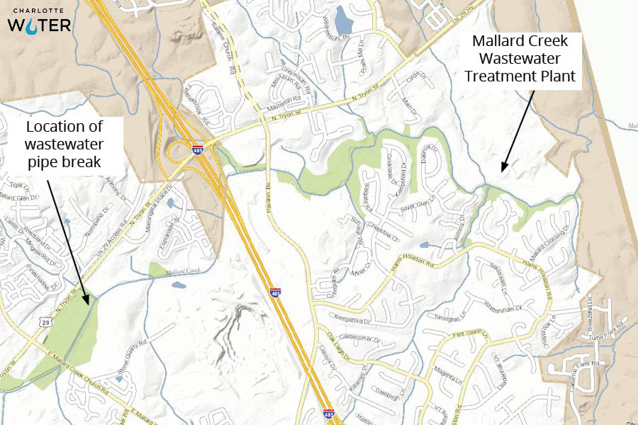 Map with not title. Charlotte Water logo appears in black font top left corner. 2 white rectangles appear on the map, both with black font lettering,. Item on left, Location of wastewater pipe break.; this box has black arrow pointing to something below it o the map. On the right, Mallard Creek Wastewater Treatment Plant with an arrow pointing to that location