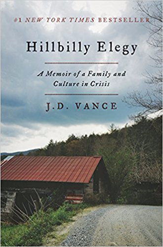 jacket cover for the book Hillbilly Elegy depicting a gravel road with a tin-roofed shack adjacent