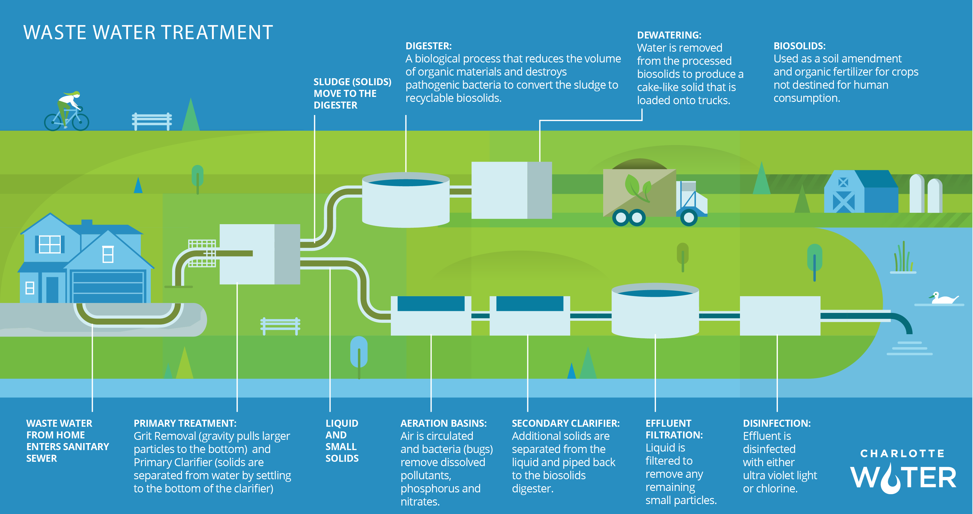 Diagram titled in white caps font Waste Water Treatment at top left describes the workflow of waste water treatment from residential home on its 10 step journey to the waterways. Landscape of the diagram is blue sky at the top, green space representing grass in the middle and the bottom depicts a water way connecting to a lake. All the structures described are using a graphic design of navy blue and light blue tones representing any body of water aspect, all pipes connecting everything are olive green. 1- residential home wit white caps font below it, Waste Water From Home Enters Sanitary Sewer; 2 - large gravity filter structure with tank is identified with white caps font as Primary Treatment: Grit Removal gravity pulls larger particles to the bottom and Primary Clarifier solids are separated from water by settling to the bottom of the clarifier; two green pipes leave that structure, one is item 3 - white caps font Sludge Solids move to the digester as identified by line pointing to green pipeline and the other is item 4 - white caps font Liquid and Small Solids point to another section of green pipe; from there material move through to two basins 5 - Aeration Basins: Air is circulated and bugs clean and move phosphorus and nitrates, the moving into item 6, Secondary Clarifier-Additional solids are separated from the liquid and piped back to the biosolids digester; from there the material follows the pipeline to item 7: Efficient Filtration in a round tank to filter out any small particles is followed by a trip to item 8: a tank for Disinfection with either UV or Chlorine and from there the pure water goes out to natural water source such as a lake. Now moving back to that second pipe routing to item 3; that material moves to item 9, a large round tank identified as a Digester- a bacterial process called digestion is used to reduce the amount of organic matter and the number of disease causing microorganisms; from that tank the material travels to a pipe to item 10, a building with a tank identified for Dewatering, the last bit of water is removed from the biosolids before it is loaded onto trucks where it will seek its final stop as Biosolids, used as a soil amendment and organic fertilizer for crops not used for human consumption. At very bottom right order of diagram is Charlotte Water logo in white font.