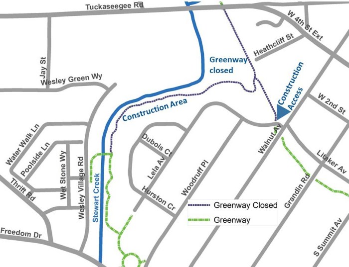 Diagram on white background of a map displaying roadways with grey lines, waterway with blue line, and construction areas with dark blue dotted lines including blue font and arrows indicating construction areas, closures, and access. The map is untitled.
