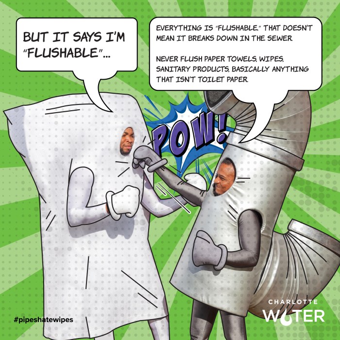 On a green starburst background, with a purple and blue cartoon Pow! fireworks graphic, a cartoon caricature of a flushable wipe with white gloved hands defends itself from his a opponent, a caricature of a grey section of pipe with 2 joints wearing gray boxing gloves and throws a punch at the wipe. Each character has, holes cut out for human faces inserted. White thought bubble above the wipe says, But Its Says I'm Flushable.... And the white thought bubble above the pipe responds, Every is flushable, that does not mean it breaks down in the sewer. Never flush paper towels, wipes, sanitary products, basically anything that isn't toilet paper. At the bottom of the graphic appears hashtag pipeshatewipes and the Charlotte Water logo in white font