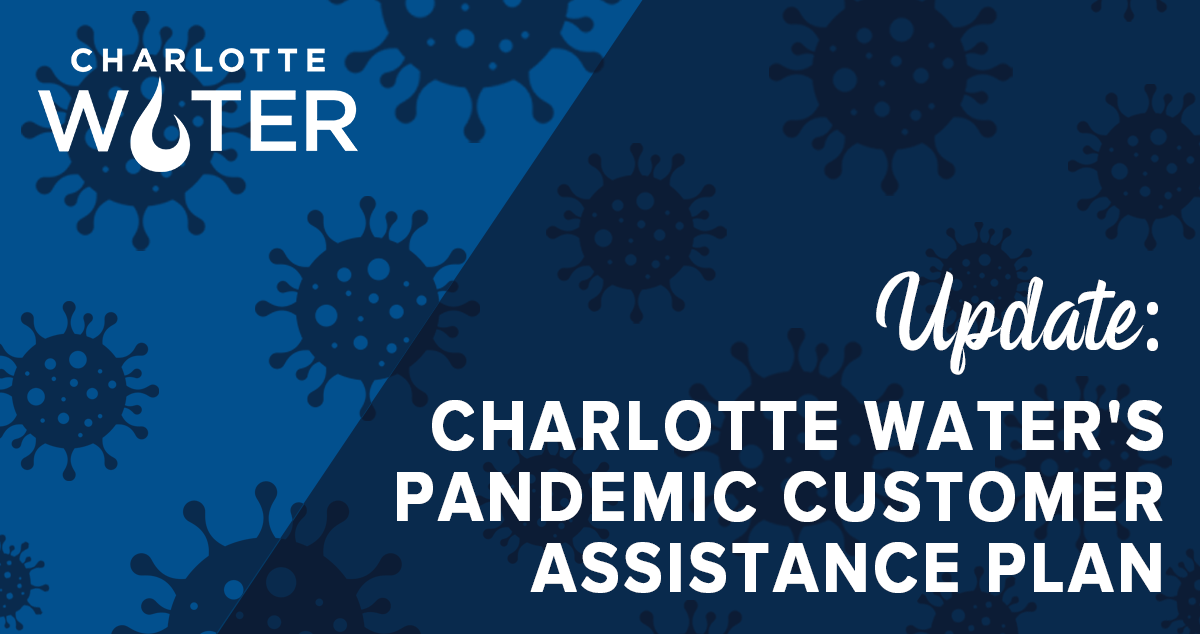 Title card for a presentation with a blue background with tone on tone shapes of the covid virus. Top left corner appears the Charlotte Water logo. Lower right corner in white font lettering, Update: Charlotte Water's pandemic customer assistance plan