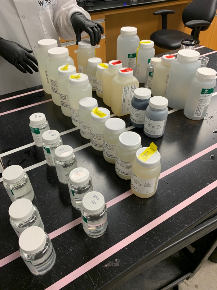 5mrows of plastic white or clear specimen jars with white plastic lids are lined up on black table top