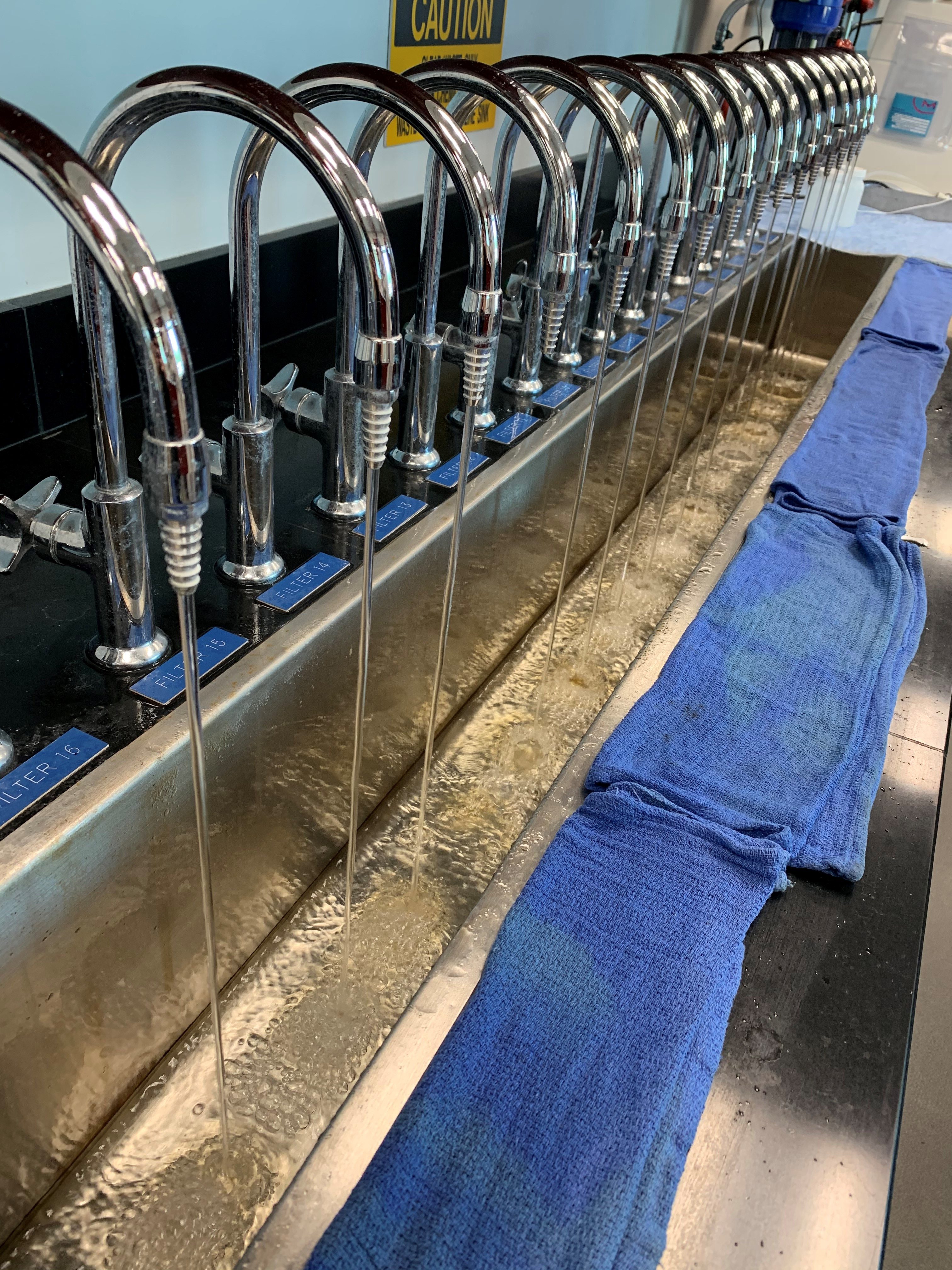 two dozen, stainless steel, hooked faucets lined up in a row pour water into a stainless steel trough, along the lip of the trough sit folded blue fabric hand-towels