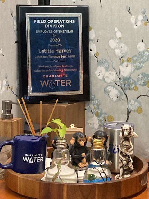 black framed plaque recogizing Field Operations Division Employee of the Year sits in the corner of a desk with a wooden tray of 2 promotional mugs, 2 decorative lightbulbs and 2 monkey knick-knacks
