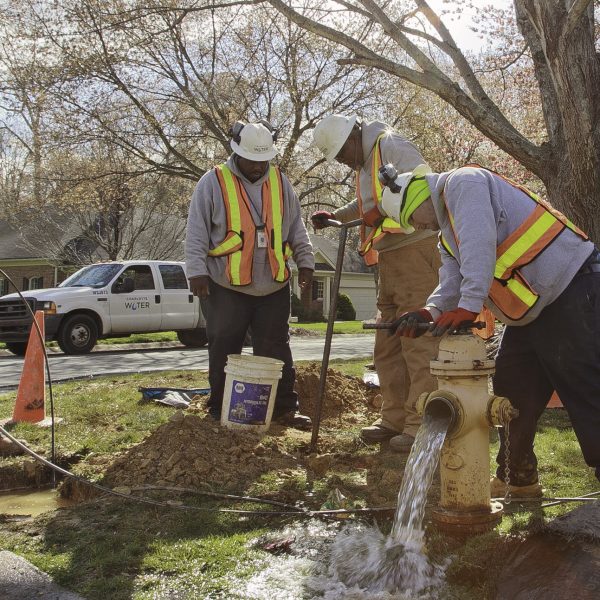 4 utility technicians wearing orange safety vests and white hard hats service a yellow fire hydrant on a street corner in a tree-lined suburban neighborhood, one man uses a pipe wrench to open the value of the hydrant causing water to pour out of its front while another man turns a tall pipe key inserted into a nearby water meter hole