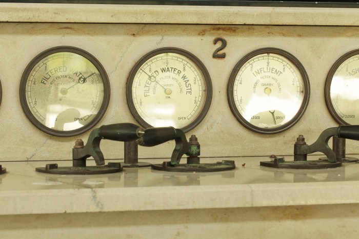 3 round analog dial clock-style faces, mounted into a tan marble console marked with a number 2 appears above 3 black iron handled-switches installed on a counter below