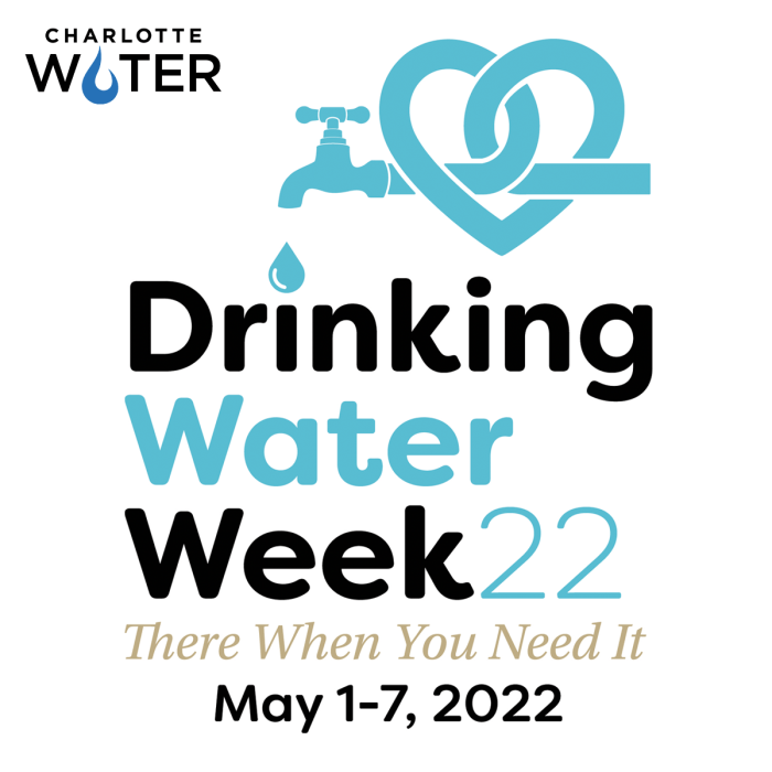poster with headline in blue and black font, Drinking Water Week 22, subtitle in gold font, There When You Need It above black font, May 1 - 7 2022. At top of poster is Charlotte Water logo in black font and a graphic of a faucet with a blue pipe twisted into shape of a heart
