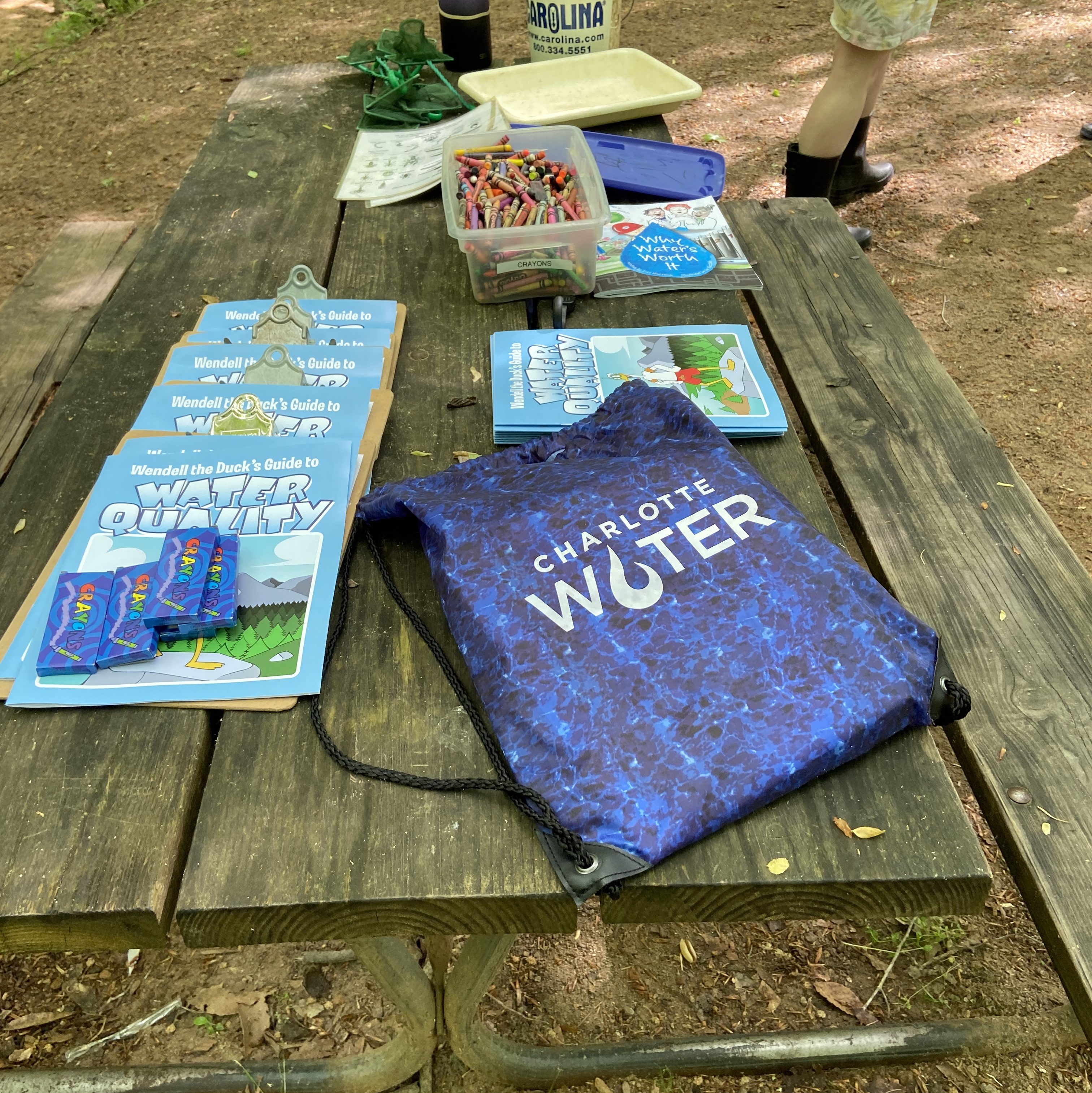assortment of promotional booklets and promotional items about water displayed on a wood picnic table during an outdoor event
