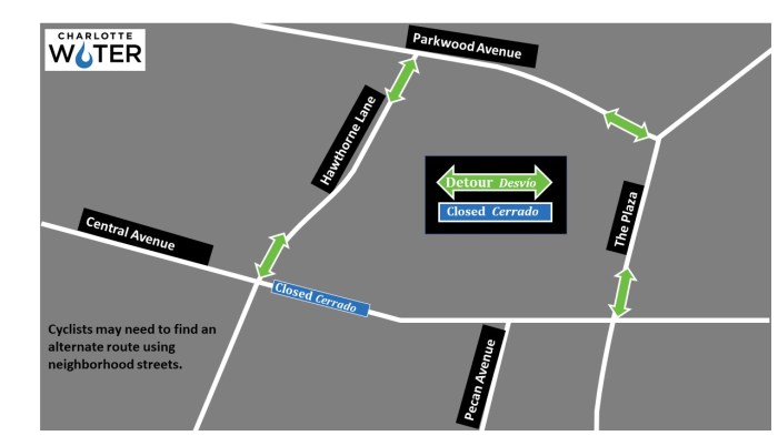 grey map with black, green and blue indicators depicting a roadway detour