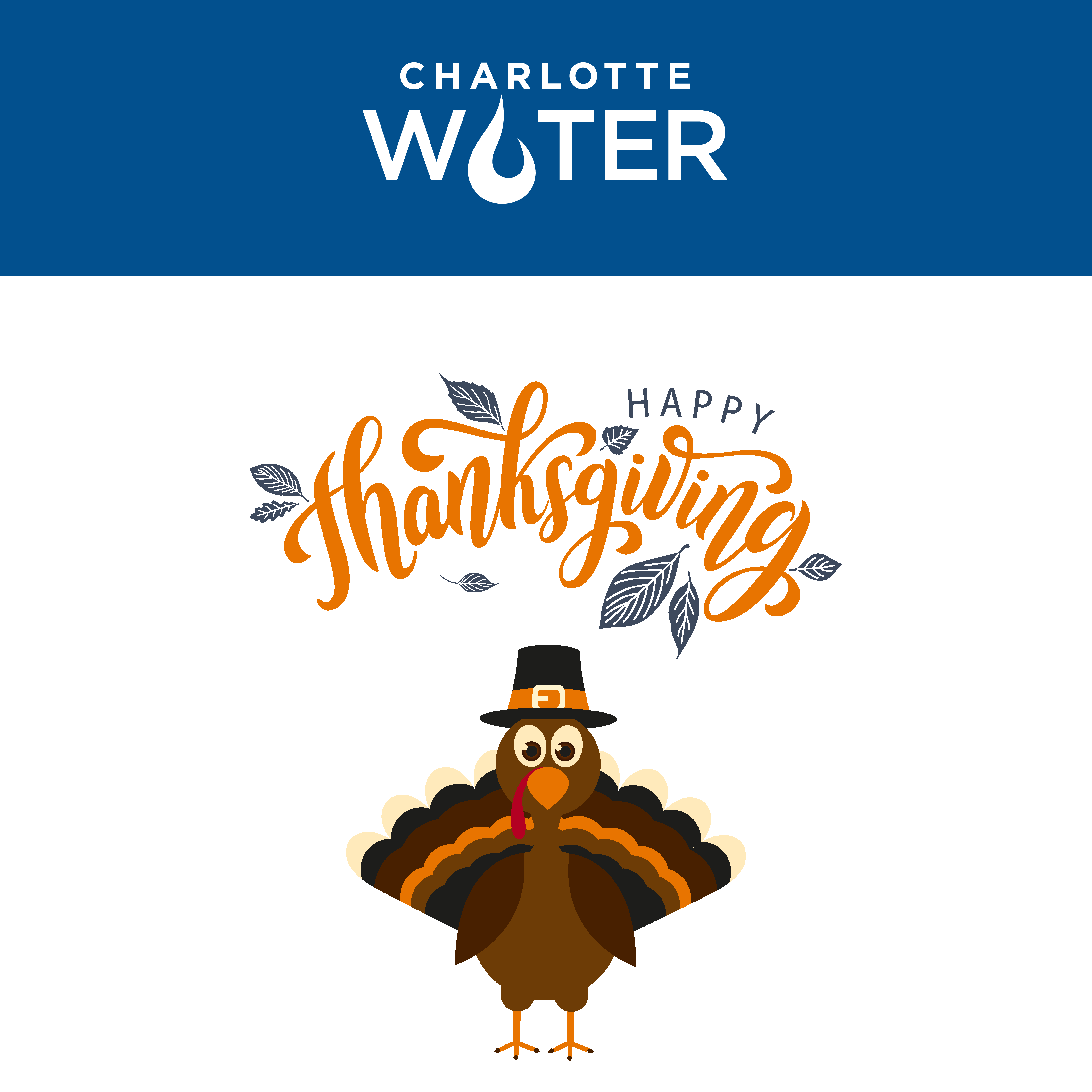 Blue banner with Charlotte Water in white font. Below on white background in festive orange swirly writing, Happy Thanksgiving and a cartoonish looking turkey with a pilgrim hat
