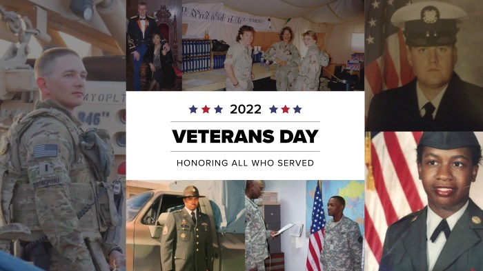 collage of 5 photos featuring utility company military veterans with white sign with black font in the middle, 2022, Veterans Day, honoring all who served