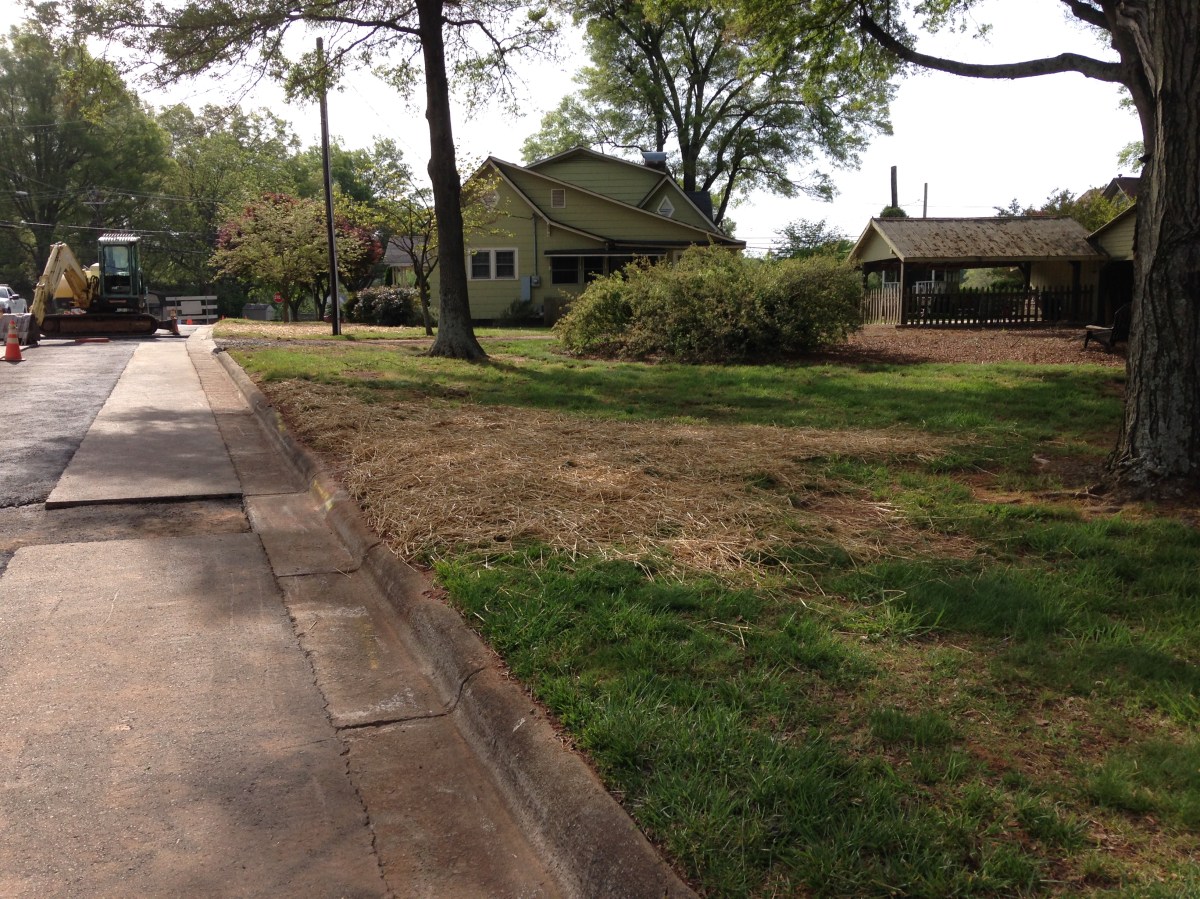yellow straw covers grassy area that was recently dug up for water pipe repair along the side of a residential street, a yellow backhoe sits next to an orange traffic cone up the street by a green one-story home