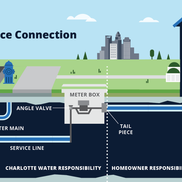 Cross-section diagram of a residential water service connection showing the hydrant line, water main, service line, angle valve, meter box, tail piece, and shut-off valve. A dotted line separates Charlotte Water responsibility which is street to meter, from the homeowner responsibility which is meter to house