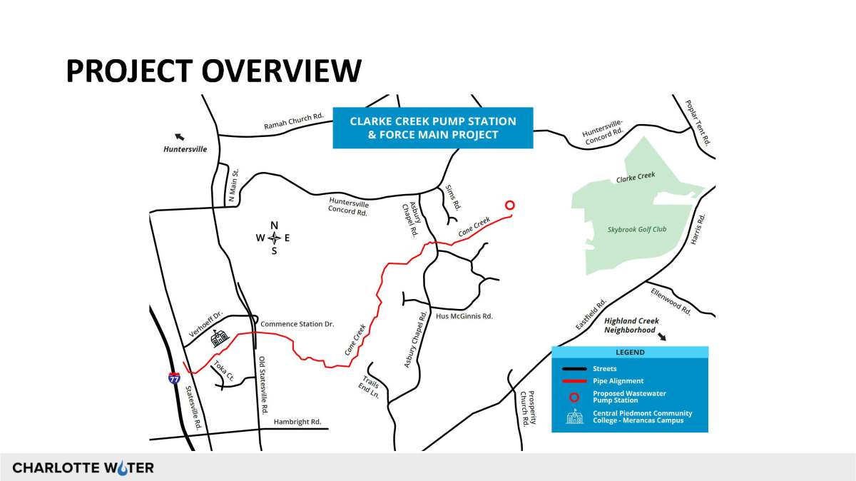 Map on white background with title in bold black font top left, Project Overview. The map includes local road ways in black font, in red font indicates pipe alignment, red circle marks the location of the proposed Wastewater Pump Station, and a crown symbol indicates location of local college along the red pipe route. There is also a large green patch on the right side of map indicating location of a golf club. In a blue rectangle near top of map, in white font, Clarke Creek Pump Station & Force Main Project. Towards the left of the map is a N, S, E, W indicator. At the lower right hand corner is another blue rectangle with a lighter blue top section titled in black caps font, Legend. In the blue portion below it lists the 4 colors/lines on the map as described above