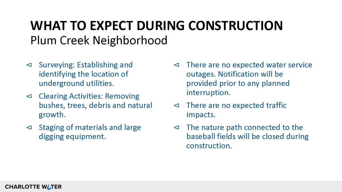 Slide presentation card, titled in black bold caps font, What To Expect During Construction, followed by subtitle in regular black font, Plum Creek Neighborhood. Beneath that are 6 bullet points describing the steps including Surveying, Clearing, Staging of Matierials, No expectation of water service outages, No expected traffic impacts, and the nature paths connected to the baseball fields in the athletic park will be closed during construction. At bottom left corner of the slide is the Charlotte Water logo on a grey border.