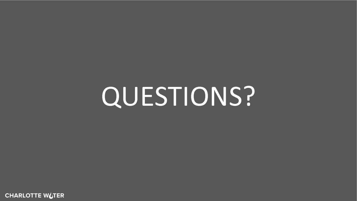 grey card with large white font centered Questions? and Charlotte Water's logo in smaller font lower left corner