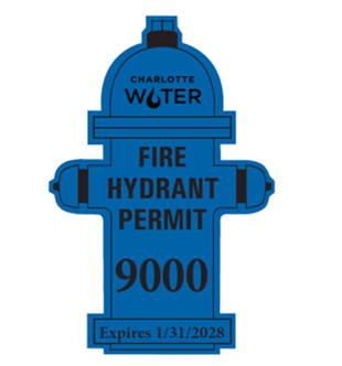 graphic image of a blue fire hydrant with Charlotte Water logo and in black font the words Fire Hydrant Permit 9000 Expires 1/31/2028