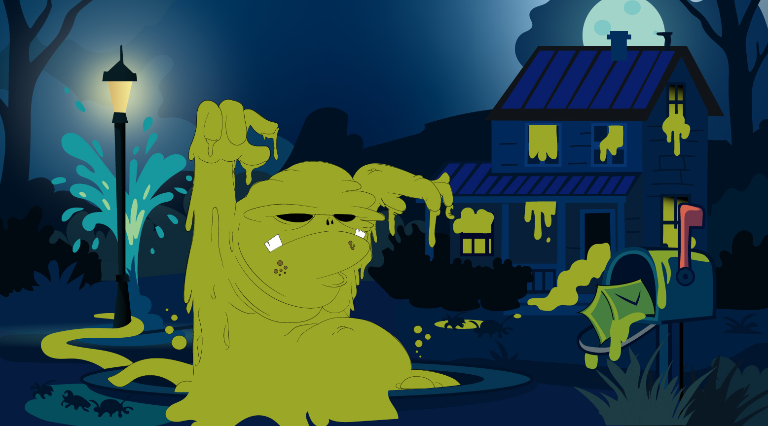 caricature of a green, grease monster haunting at night time a blue house with grease pouring out the windows and water gushing out of a ground by the lamp post by the curb