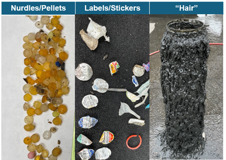 Trio of images featuring pearl-sized tan pellets, leftover pieces of stickers or labels, and a section of pipe filter blackened by hair and grease