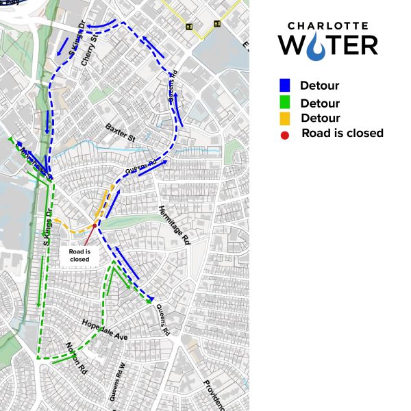 Map from Charlotte Water showing a road closure and traffic detours in a neighborhood. A red dot marks the closed road near the intersection of South Kings Drive and Queens Road. Three color-coded detour routes are shown with directional arrows: a blue detour looping north and east via Queens Road, Baxter Street, and Cherry Street; a green detour routing south and west via South Kings Drive, Hope Dale Avenue, and Queens Road; and a short yellow detour around nearby local streets. A legend on the right identifies blue, green, and yellow as detour routes and red as the road closure, alongside the Charlotte Water logo.