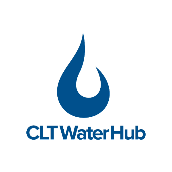 blue logo on white background with title CLTWaterHub and the Charlotte Water water droplet icon