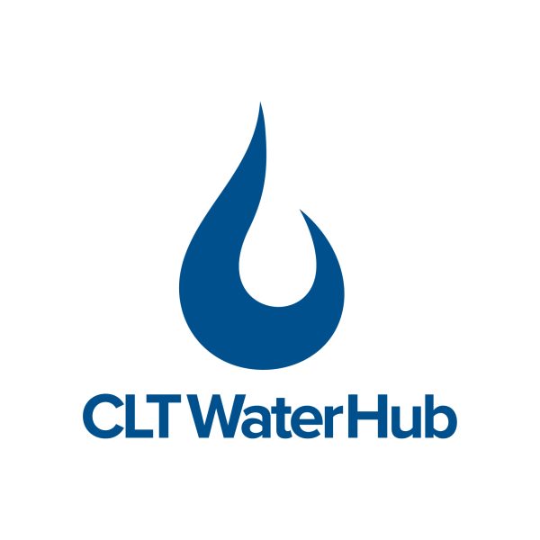 blue logo on white background with title CLTWaterHub and the Charlotte Water water droplet icon