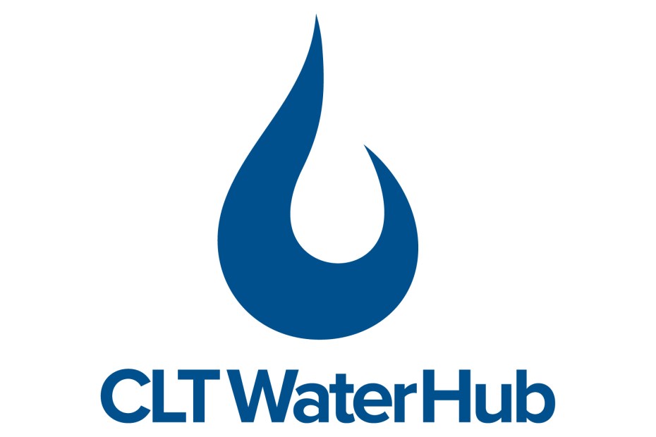 blue logo on white background with title CLTWaterHub and the Charlotte Water water droplet icon