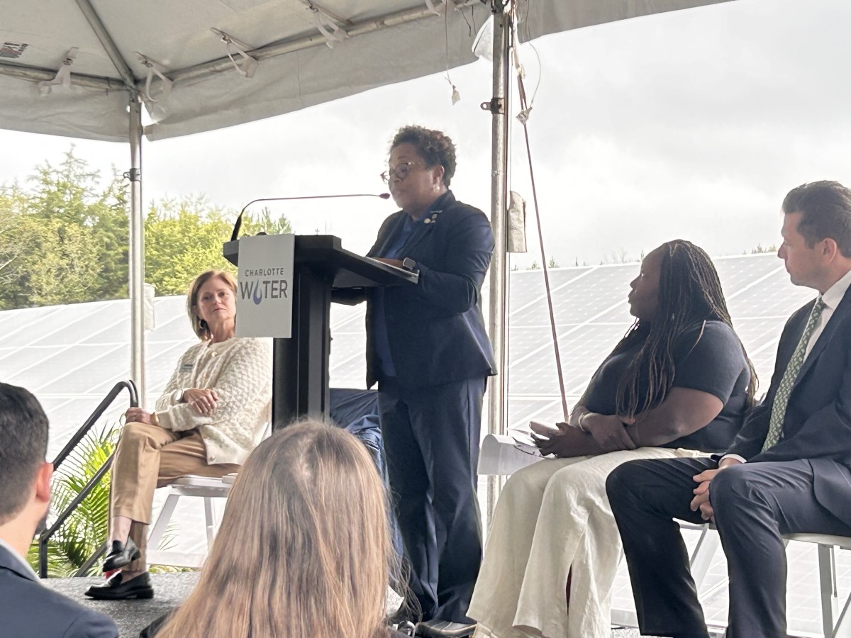 A woman (Angela Charles) is speaking at a podium on stage. Three other individuals are seated on the stage next to her and looking at the speaker.