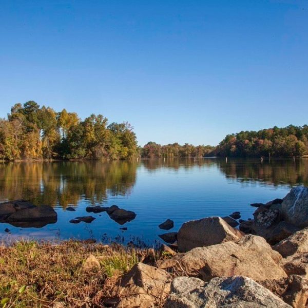 View of the lake from the shoreline with blue sky and trees in the background. The Shoreline has boulders on the right hand side.